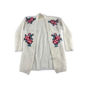 Kloth Clover Fuzzy Cardigan Cream Floral Embroidered Open Front Long‎ Sleeve
